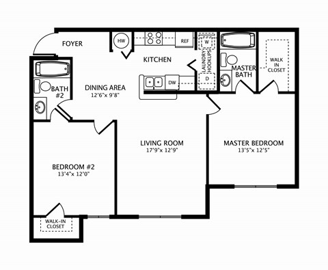 Floor plan for 2 beds, 2 baths, 974 sqft